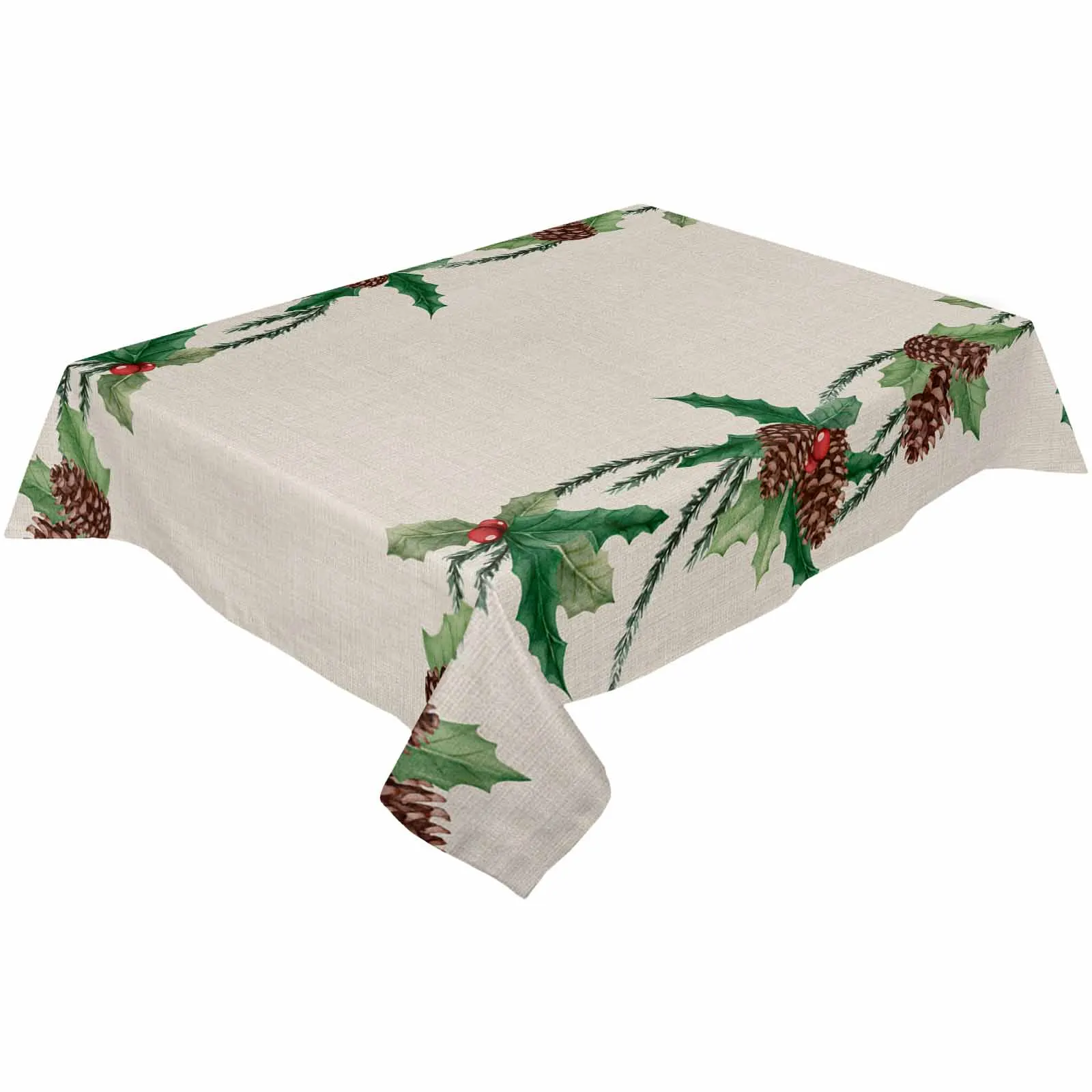 Christmas Plants Berries Pinecone Watercolor Tablecloth Waterproof Dining Table Rectangular Round Table Cover Home Kitchen Decor