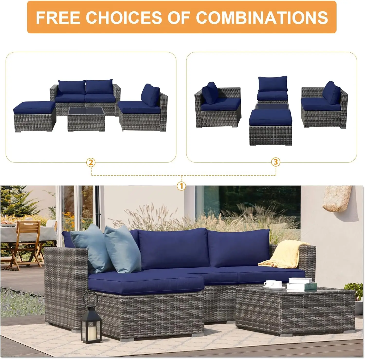 Outdoor Patio Furniture Set, 5PCS PE Wicker Outdoor Sectional Sofa Set, Rattan Patio Conversation Set w/ Cushions & Coffee Table
