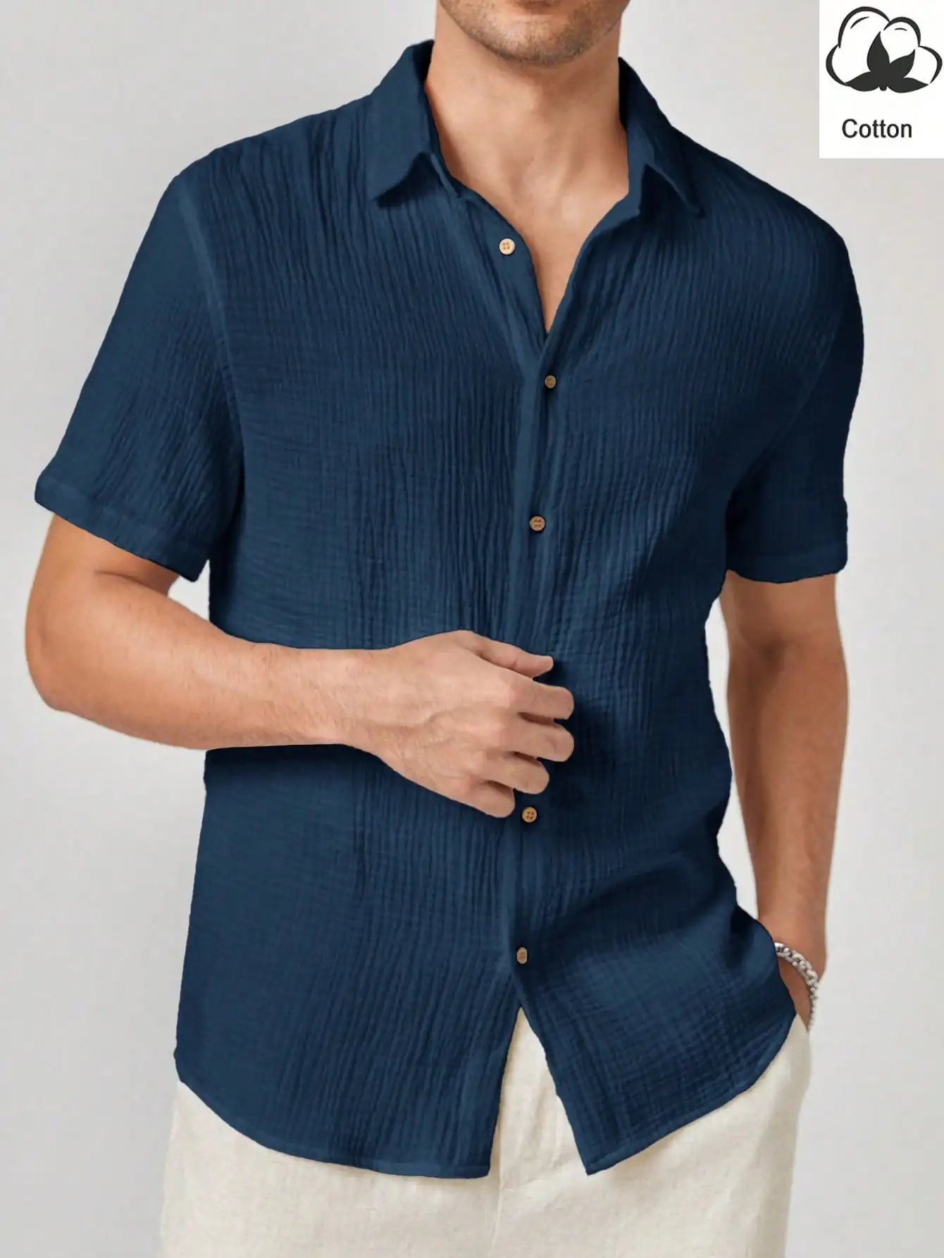 

Men's Navy Blue Textured Cotton Short Sleeve Casual Shirt