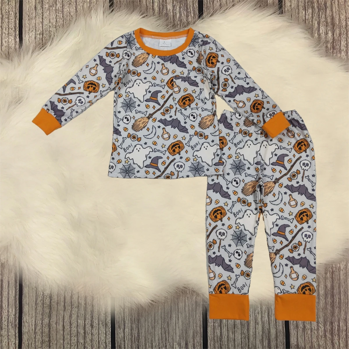 

Kids Baby Boy Long Sleeves Halloween Ghost Pumpkins Bats Shirt Nightwear Set Pants Children Outfit Toddler Pajamas Wholesale