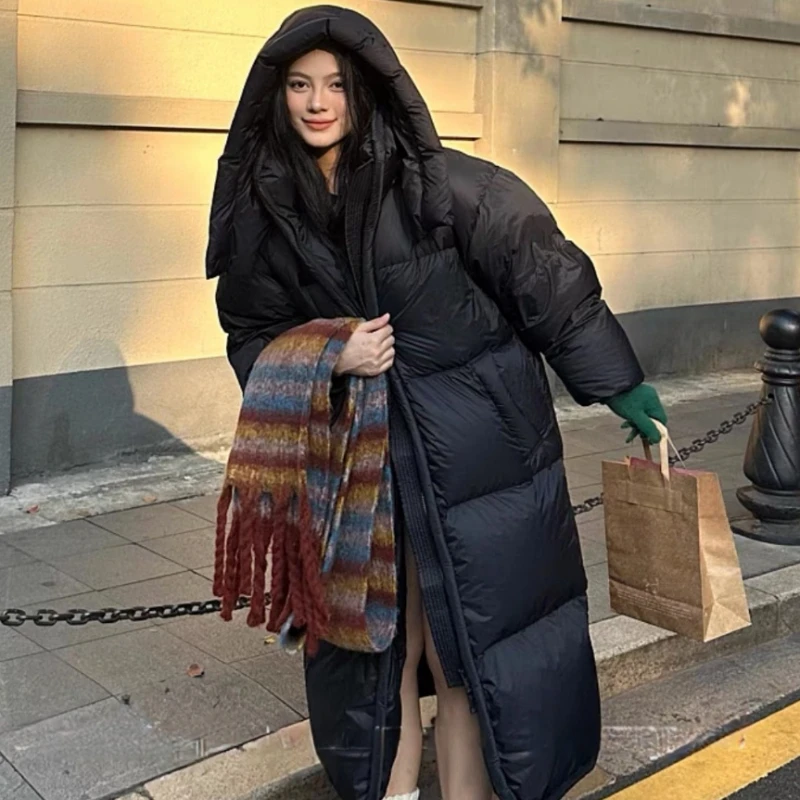 Chaqueta de plumón larga con capucha para mujer, chaqueta de plumón de pato blanco con diseño grueso, abrigo Parker de viento informal y cálido,