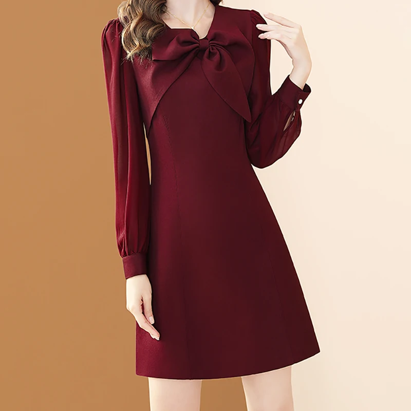 EVNISI-Vestido elegante de manga larga con lazo para mujer, Vestido ajustado de Color vino, informal, de oficina, corte en A, elegante, para fiesta