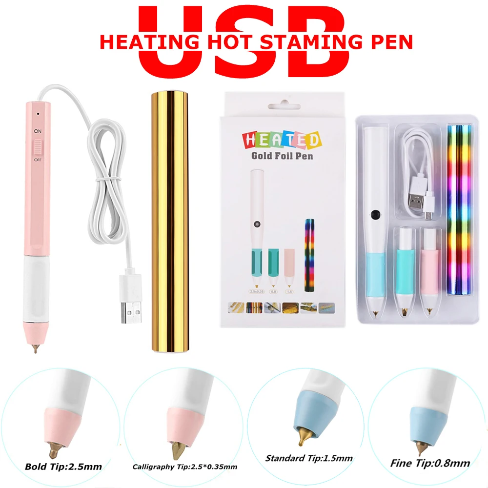 0.8/1.5/2.5mm Tip USB Hot Foil Pen Slim handle with Heat-resistant Grip for DIY Handwritten Calligraphy Paper Leather Project