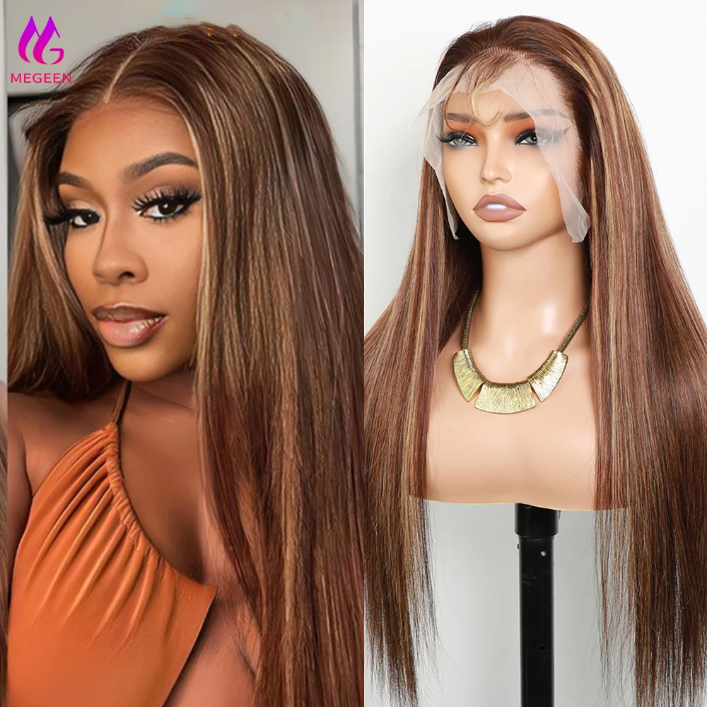Megeen Remy Honey Blonde parrucca anteriore in pizzo dritto parrucche Ombre colorate evidenziare P4/27 13 x4 parrucca frontale in pizzo trasparente capelli umani