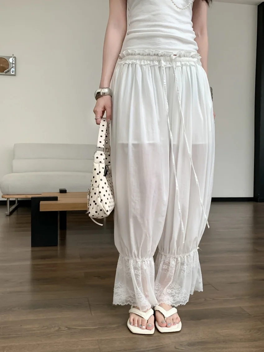 Alien Kitty 2026 Women's Ruffle Lantern Pants Daily Loose Summer Camping OL Lace Baggy Wide Leg Casual Sweet Beach Trousers