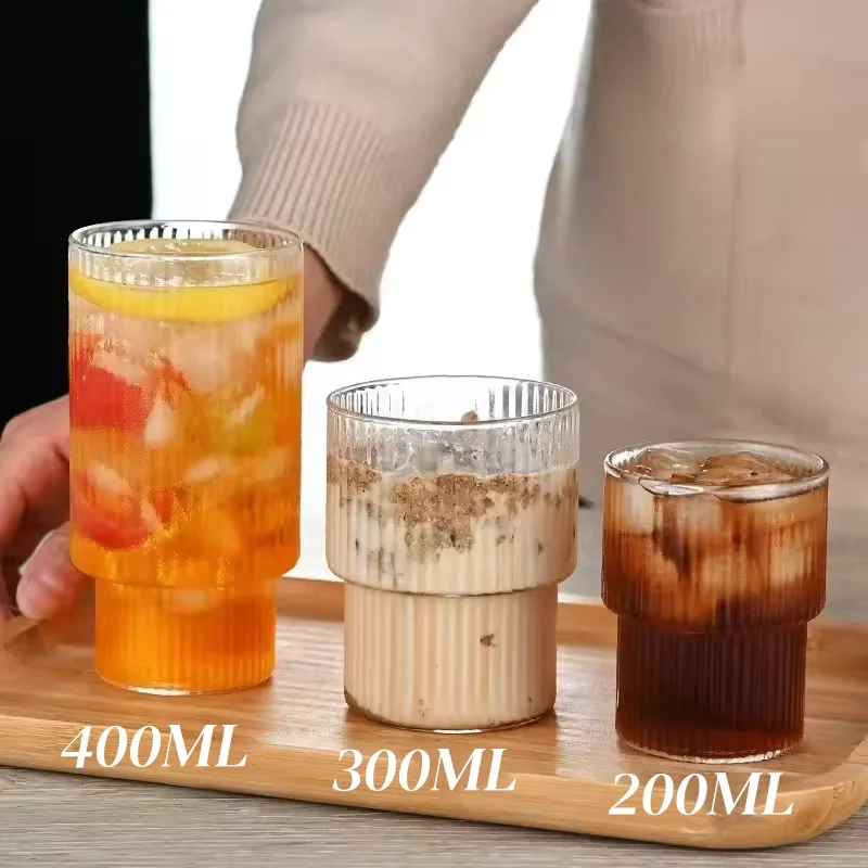 200/300/400ml Stripe Glass Coffee Cups Simple Transparent Water Cup Mug Household Party Bar Juice Milk Whiskey Juice Glassware