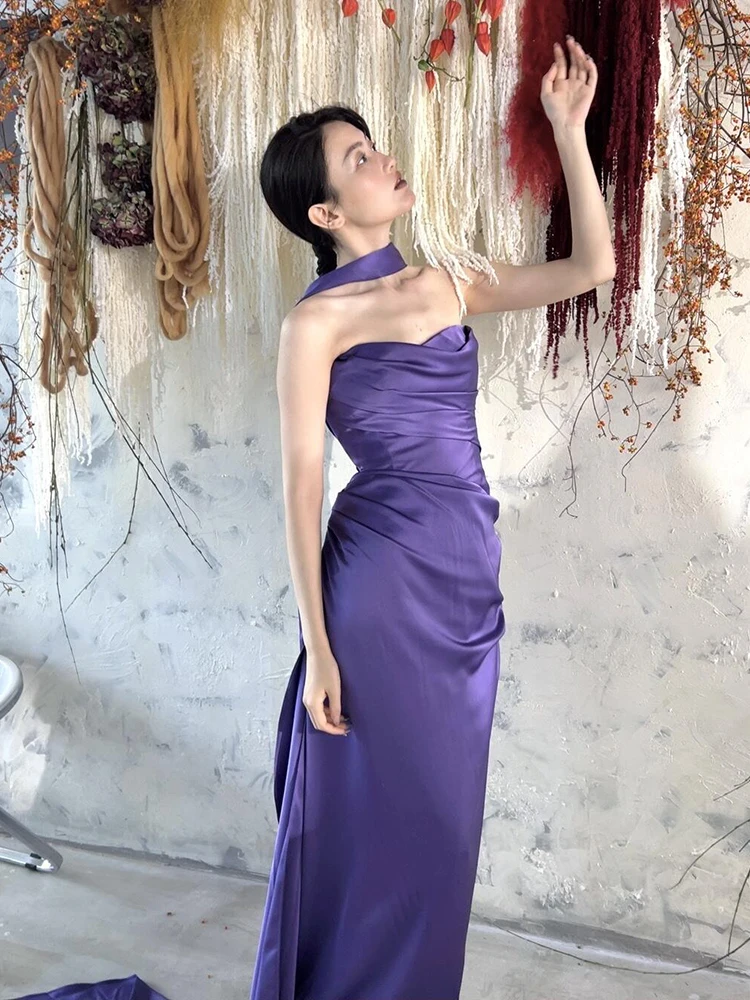 ชุดราตรีผ้าซาตินสีม่วง ชุดพิธีกรงานเลี้ยง ชุดเจ้าบ่าว ชุดเจ้าสาวสไตล์เกาหลี ซิปด้านหลัง กระโปรงยาว ชุดงานแต่งงาน