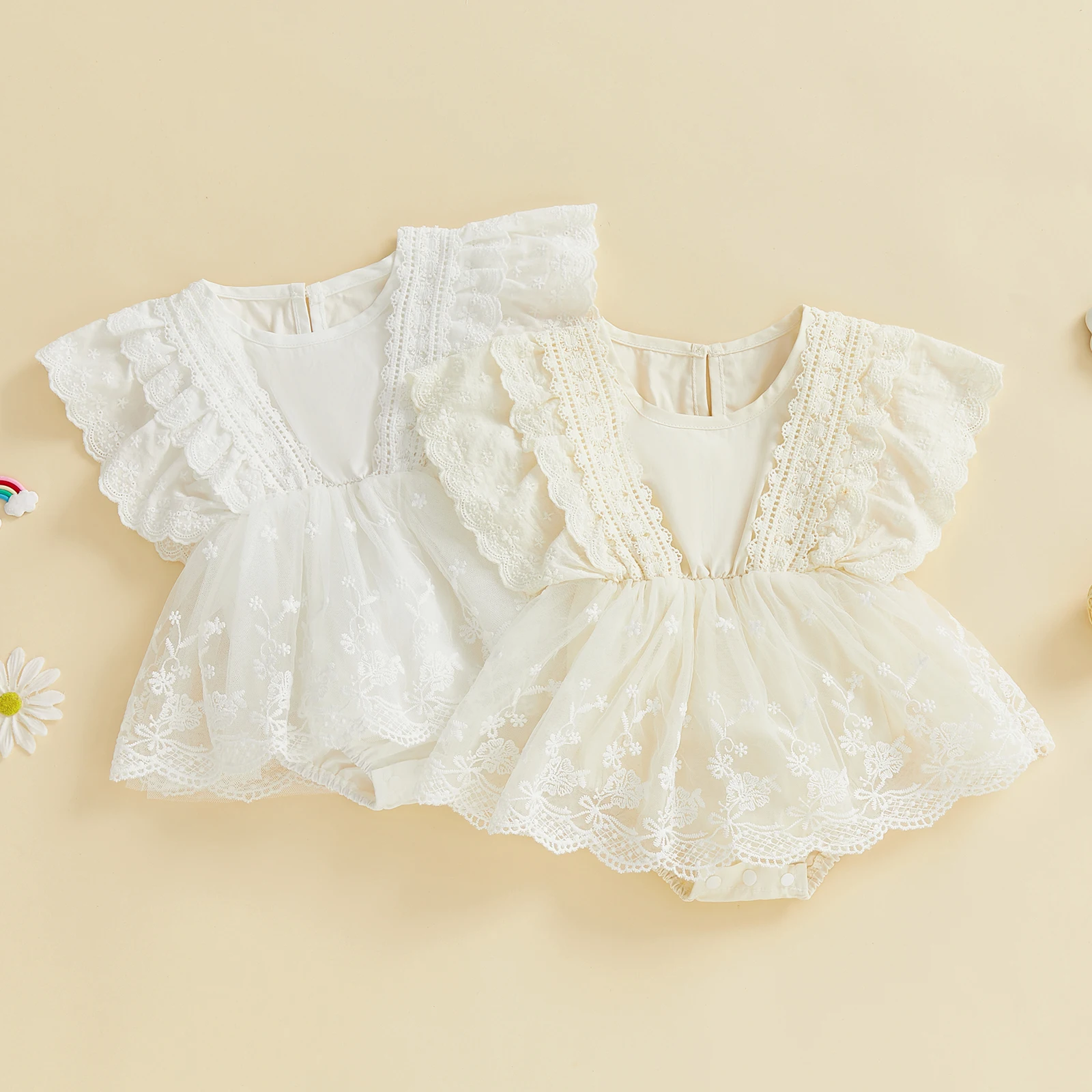 فستان Suefunskry للفتيات الصغيرات من الدانتيل رومبير عصري مطرز بالزهور بدون أكمام مكشكش