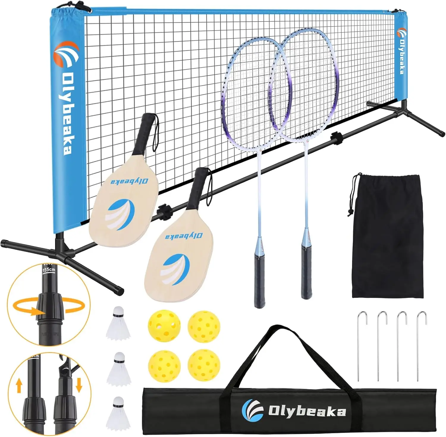 

Portable Badminton & Pickleball Net Set with Adjustable Poles, Durable Net, 2 Rackets + 2 Paddles for Backyard Fun