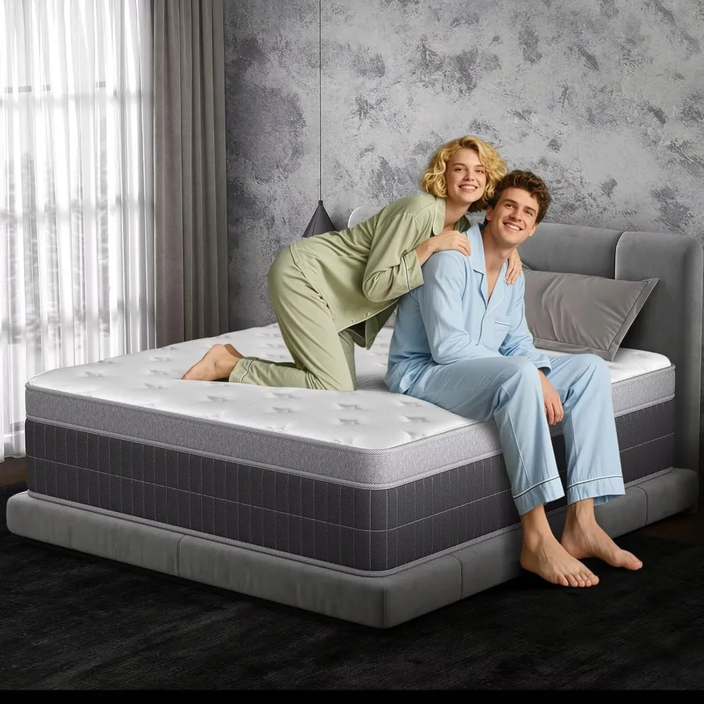 Colchão duplo de 12 polegadas, colchão híbrido zonificado com molas de bolso embaladas individualmente com espuma viscoelástica em gel, alívio de pressão ergonômico