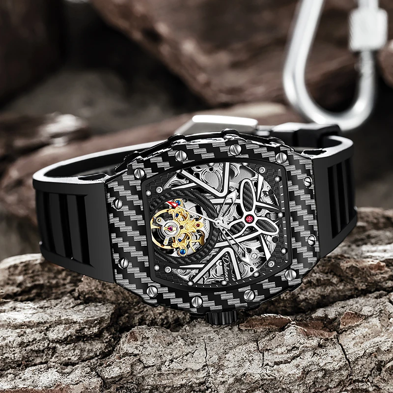 

Dulunwe мужские механические часы повседневные часы в форме бочки для вина резиновые светящиеся мужские уличные водонепроницаемые часы Reloj Hombre