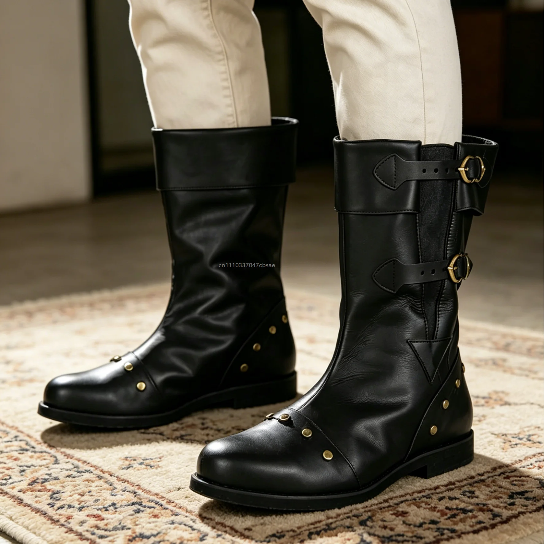 

Retro Pirate Medieval Mid Calf Boots For Men Pu Leather Cuff Design Metal Rivet Buckle Boot Casual Outdoor Cosplay Costume Shoes