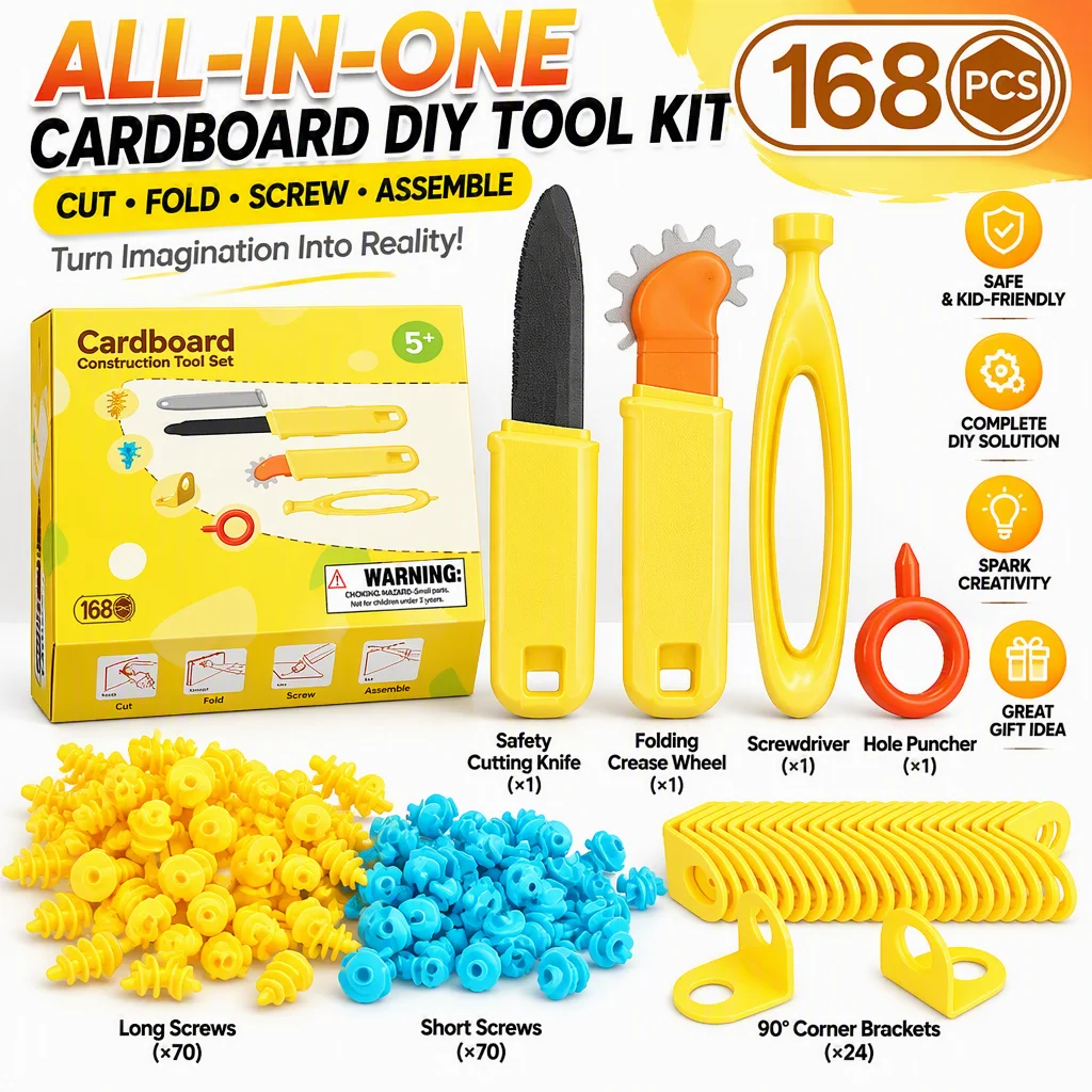 AT19-Cardboard Tools for Kids with Cutter& Tool Box-168 PCS Cardboard Construction Kit Ideal for Family& Team Activities