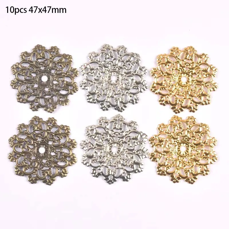 10 sztuk 3 kolor filigran okłady wstawki kwiatowe wyrób metalowy na prezent dekoracji DIY ustalenia tworzenia biżuterii 47x47mm YKL0897