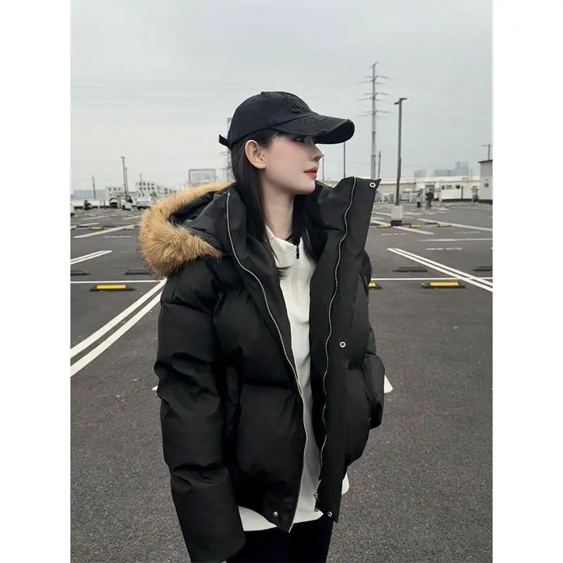 

Women's Short Padded Jacket Winter Thickened Warm Detachable Hood PU Cotton Coat Small Three-Proof Outerwear College Style