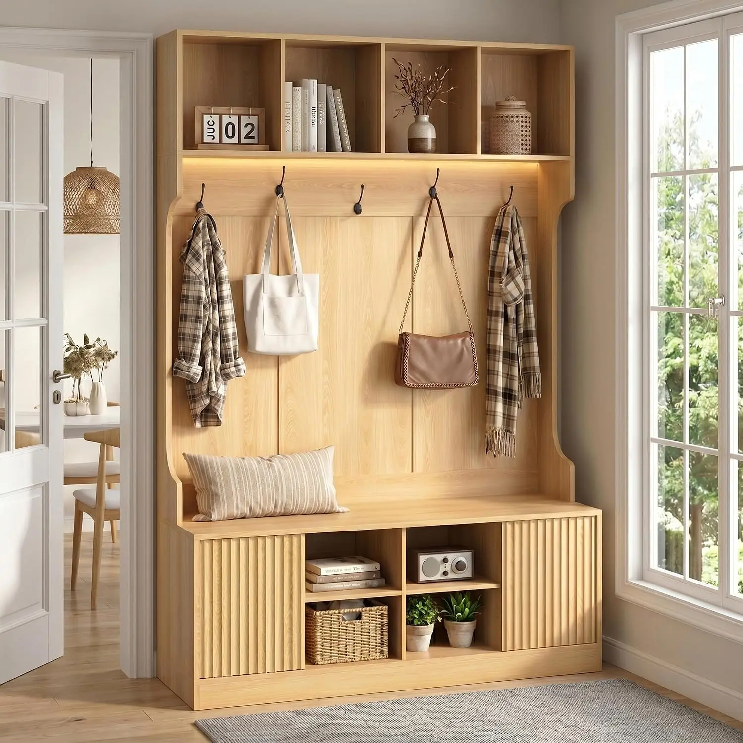 5-in-1 Hall Tree Bench & Shoe Storage LED Light OAK Entryway Coat Rack Hooks Cubes Shoe Cabinet Fluted Door , Customized