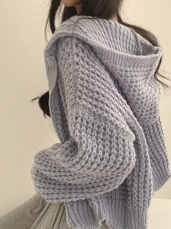 

Ladies Loose Knitted Cardigan Svel Long Zipper Hooded Sweater Autumn Winter Casual Sle Lantern Sve Outerwear Coat