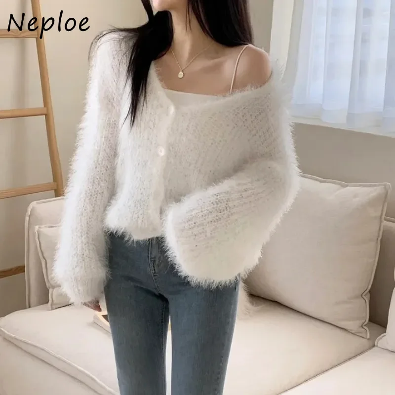 Neploe Korean Fashion V-neck Lazy Sweaters Coat 2024 Autumn Winter Waterproof Mink Cardigan Y2k Long Sleeve Knitted Tops Women