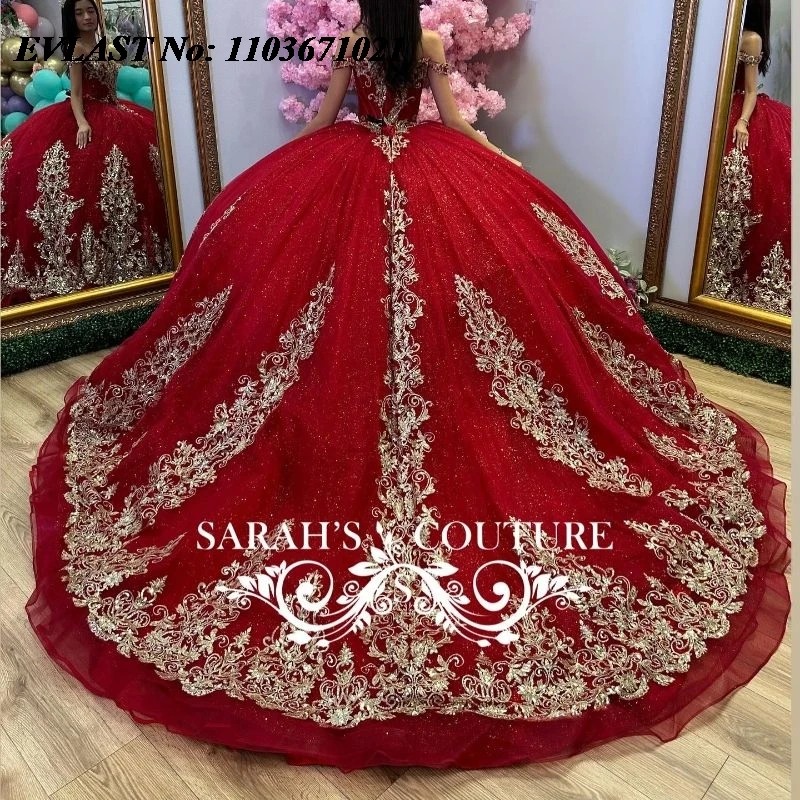 EVLAST Personalizado Vermelho Quinnceanera Vestido de Baile Ouro Renda Applique Frisado Em Camadas Espartilho Doce 16 Vestidos De 15 Anos SQ636