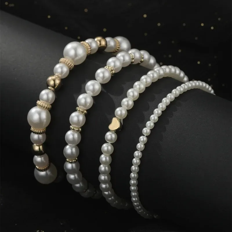 Fashionable New Love Pearl Bracelet Set with A Niche Charm for Women's 4-piece Set Handstring Jewelry