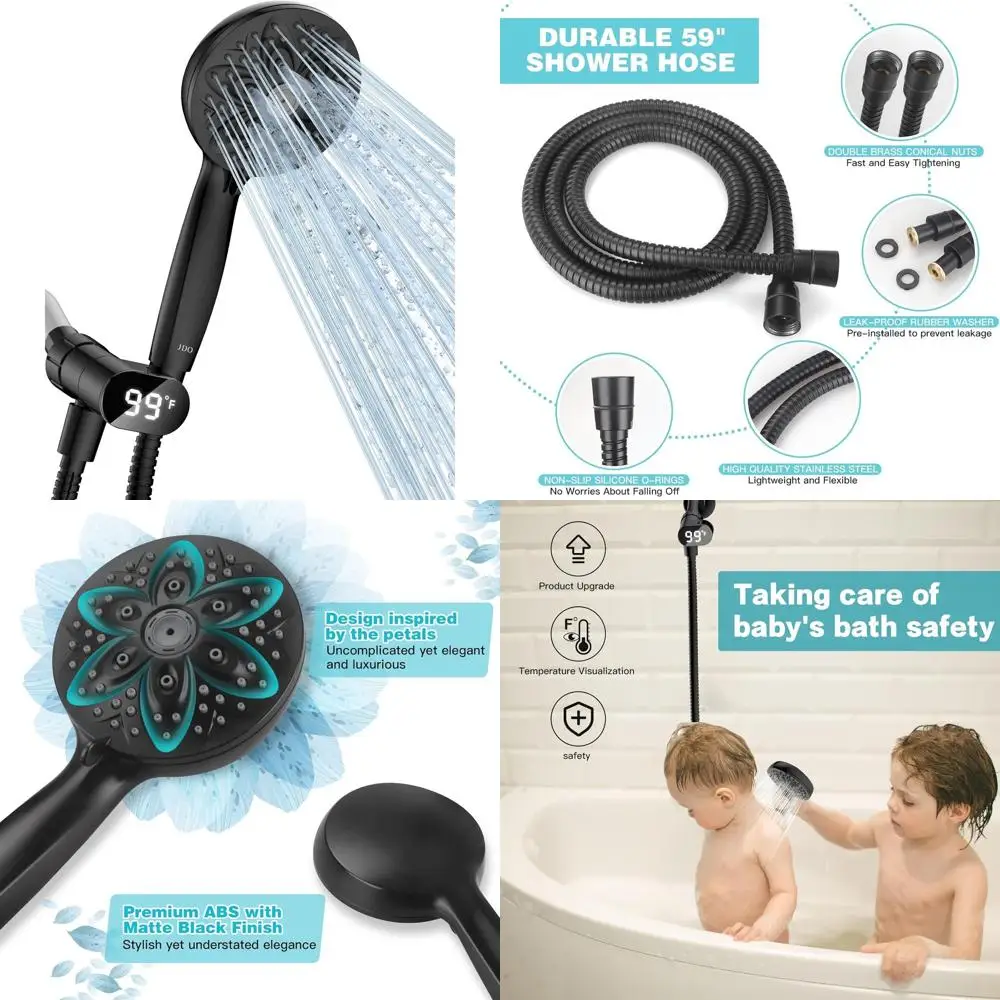 

LED Display High Flow Shower Head with 6 Modes, Easy Clean, Included Hose & Holder