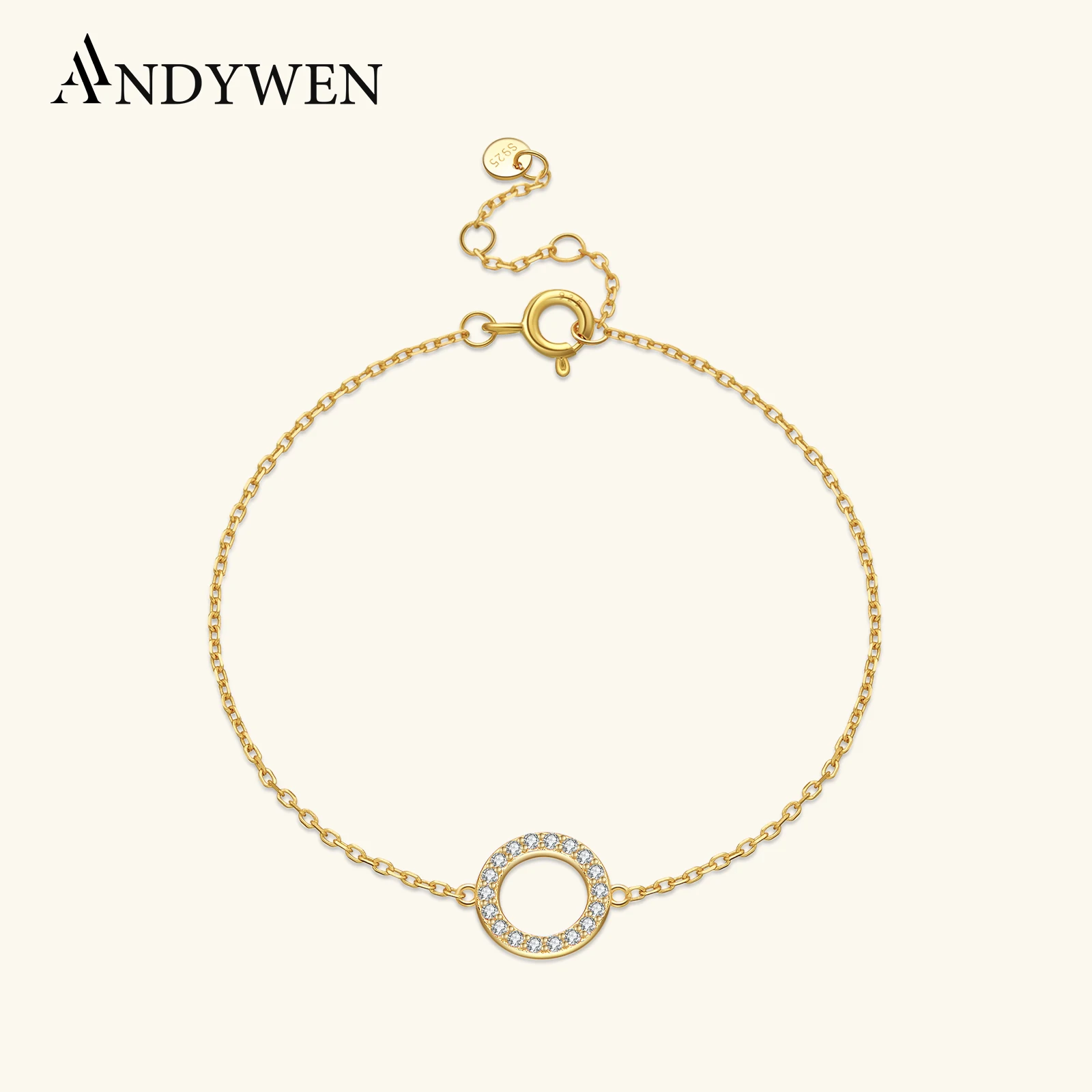 ANDYWEN 925 Sterling Silver 10mm Circle Pendant Charm Bracelet Chain For Women Luxury CZ Zircon Crystal Fine Jewelry Gift