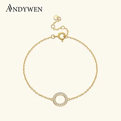 ANDYWEN 925 Sterling Silver 10mm Circle Pendant Charm Bracelet Chain For Women Luxury CZ Zircon Crystal Fine Jewelry Gift