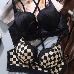 Thickened gathering underwear for women's bra, anti sagging chessboard checkerboard, beautiful back bra