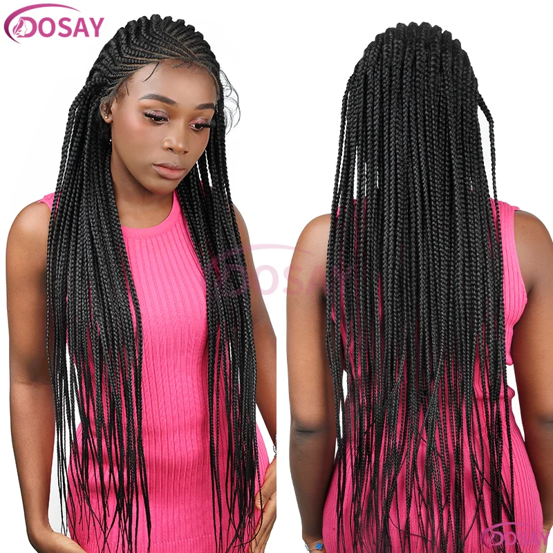 36 "شعر مستعار اصطناعي كامل الدانتيل الجبهة الباروكات للنساء السود Knotless صندوق تجديل الشعر شعر مستعار أسود للبيع #2