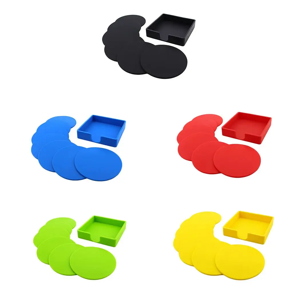 Set of 7 Solid Rubber Coasters Silicone Glass Cushion Non-slip Placemat,Deep Tray To Catch Drip and , Large Enough