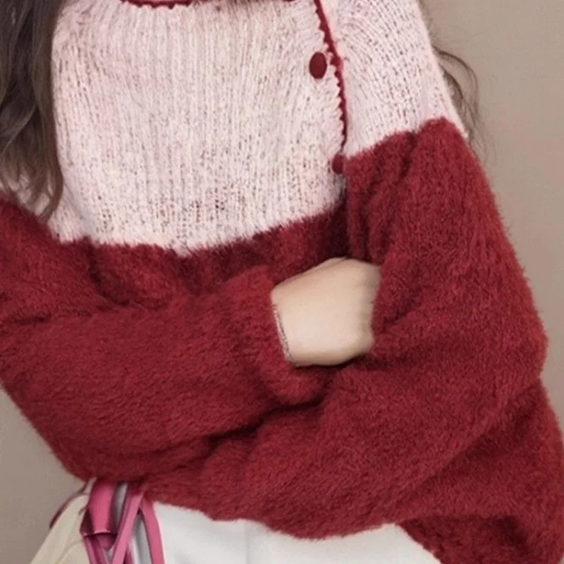 

Новинка 2023 года, осенний пуловер с круглым вырезом, женский корейский модный кашемировый свитер с контрастными пуговицами, вязаный джемпер с длинными рукавами