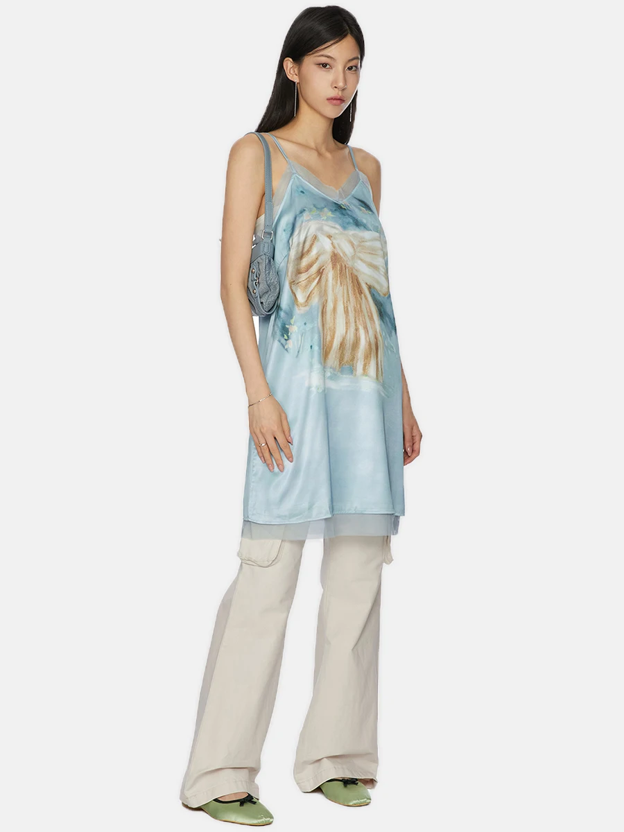 Reddaschic-Mini vestido con estampado estético de lazo para mujer, ropa de verano de una pieza, Retro, Y2k, drapeado, puntada de encaje, cuello en V, satén, deseo coreano