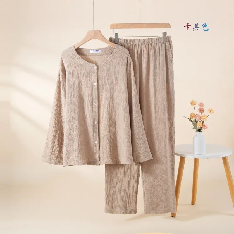 Spring Autumn Women Sweet  Simple Pajama Sets Female 100% Cotton Sleepwear Suit Women Round Collar Shirt & Pants Home Clothes