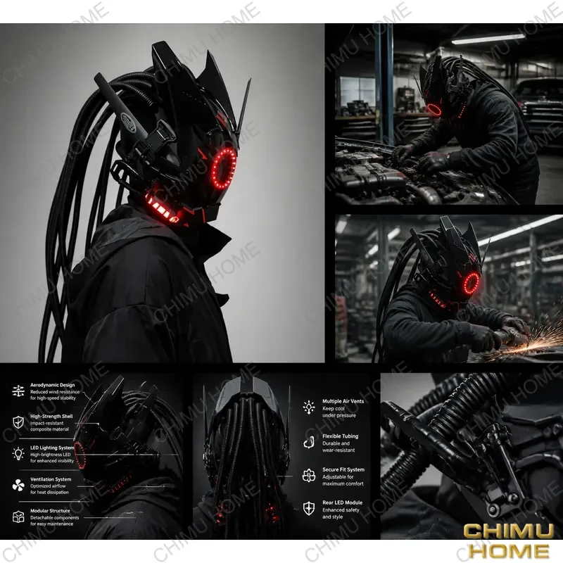 【CHIMU HOME】 Luminous LED Cyberpunk Mask for Cosplay Party Halloween Carnival Light Bar Phantom Samurai Dread Helmet