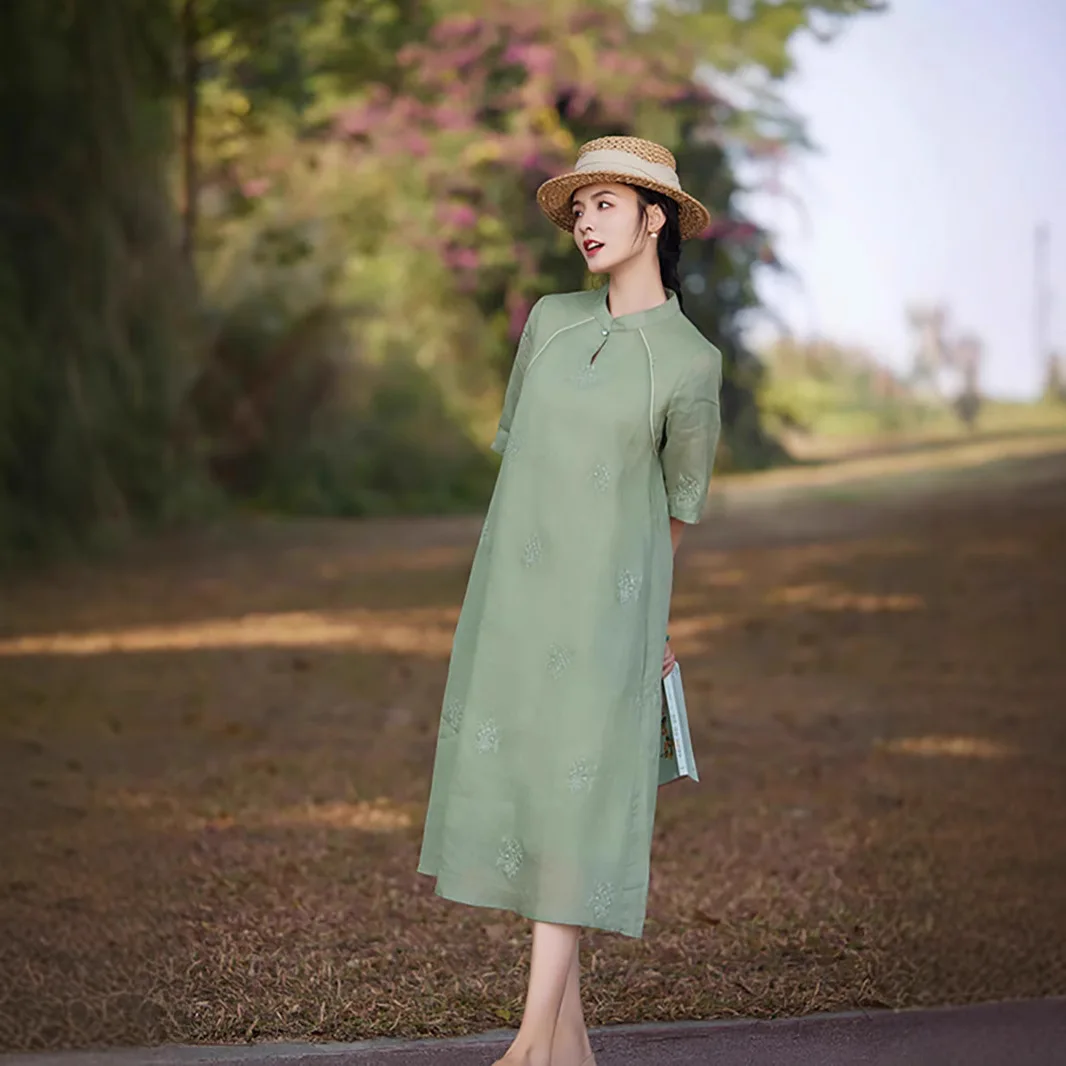

Ramie dress age-reducing five-quarter sleeve stand-up collar buckle improved cheongsam fashion casual versatile simple temperame