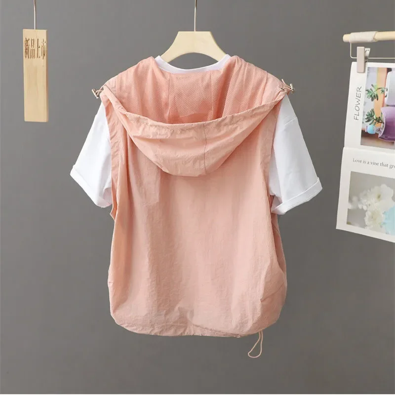 

Summer New Korean Sunscreen Vest Women Fashion Hooded Loose Sleeveless Jacket Female Zipper Thin Waistcoat Outwear Tops XQ22