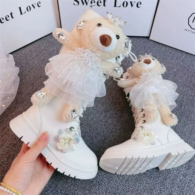2024 Winter New Children\'s Tall Boots Spring and Autumn Girls\' Little Bear Pearl sequin Side Zipper Fashion Princess Boots