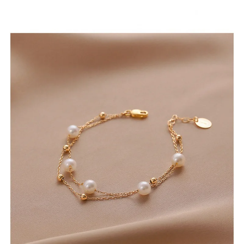 

Dainashi Vintage Style 4-5mm Near Round Freshwater Pearl Bracelet for Women 14k Gold Double Layer 15.5+5cm Adjustable Bracelet