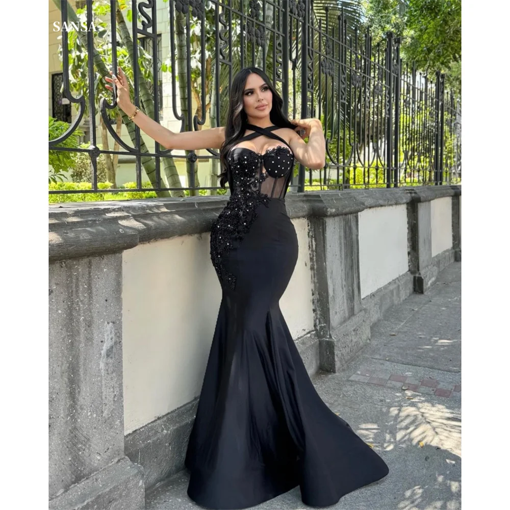 

Sansa Elegant O-Neck Sleeveless Prom Dress Black Halter Neck Diamond Evening Dress Mermaid Beaded Long Train Formal Evening2024