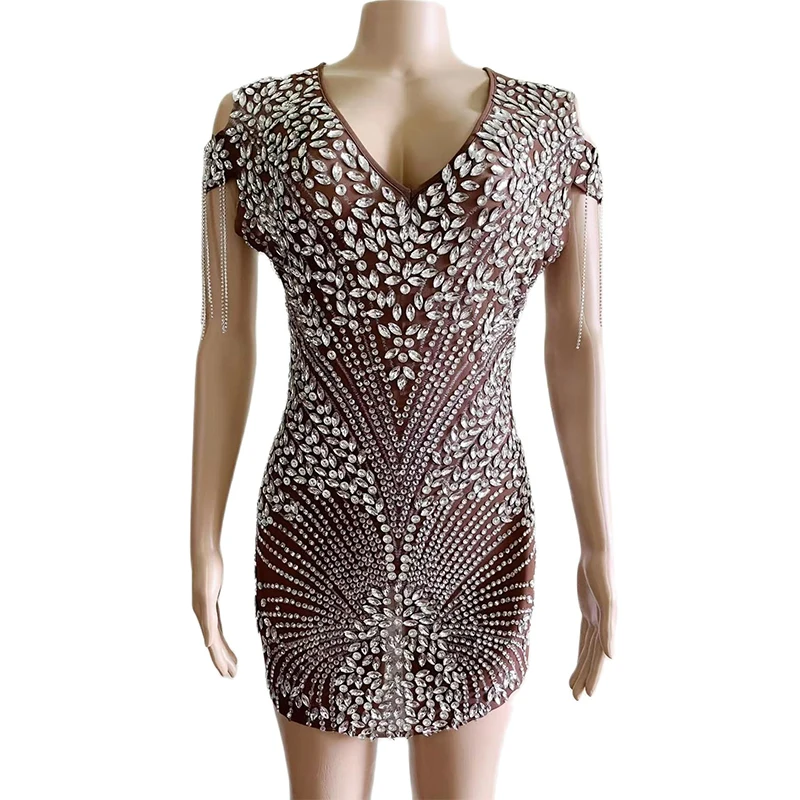 

Silver Rhinestones Transparent Dress Pink White Velvet Back Birthday Evening Celebrate Dancer Stretch Singer Performance Dress