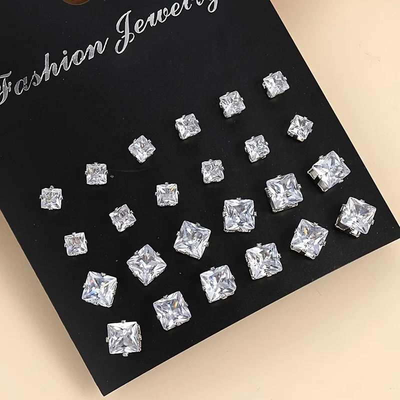 12pairs Exquisite Zinc Alloy Stud Earrings With White Square Cubic Zirconia Inlaid Suitable for Men and Women Daily Wear Jewelry