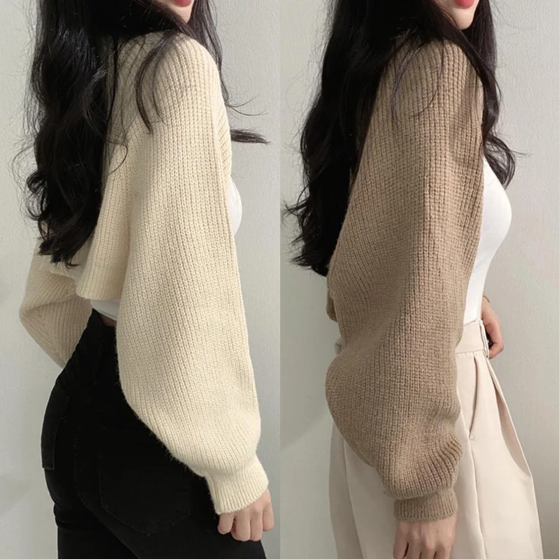 Autumn Fashionable Korean Version Versatile Women\'s Cardigan Bishop Sleeve Ultra Short Sweater Knitted Coat Top