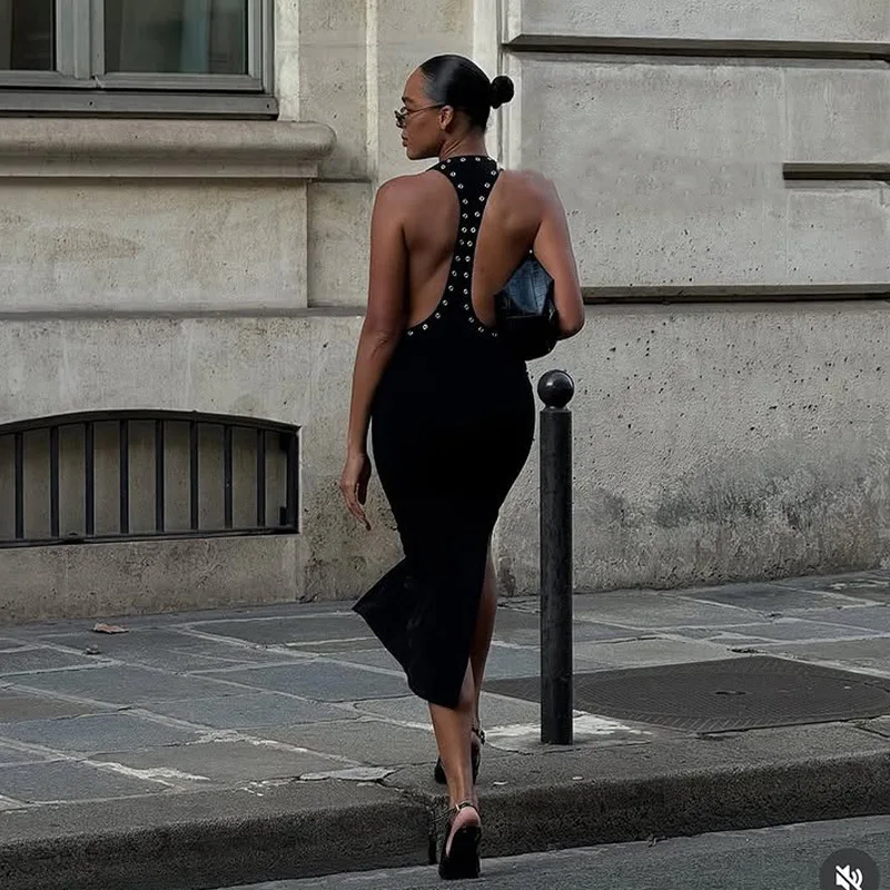 DSMTRC Weibliche Ärmelloses Kleid Mode Mantel Trendy Split Sexy Club Party Bodycon Vestidos Halter Solide Backless Frauen Kleider