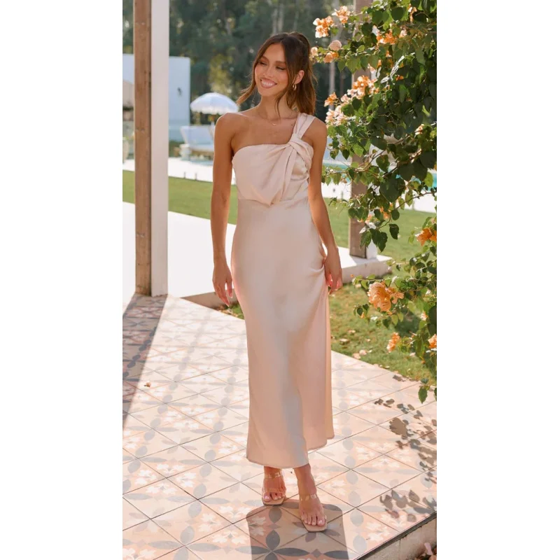 Robe trapèze sans bretelles, élégante, européenne et américaine, épaule unique, couleur unie, Style sud-est asiatique, nouvelle collection