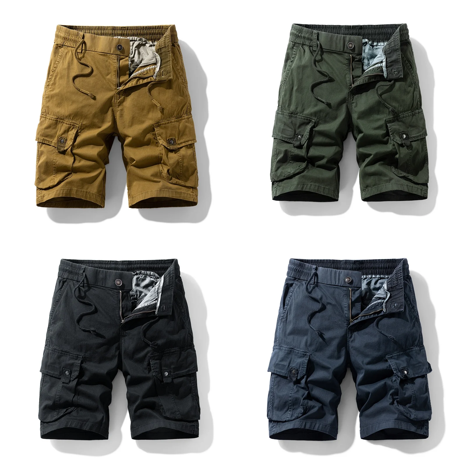 

2026 Summer 97%Cotton Men's American Style Cargo Shorts Loose Fit Straight Leg Knee-Length Multi-Pocket Casual Slight Stretch
