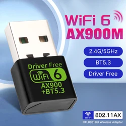 WiFi 6 AX900 Bluetooth 5.3 WiFi USB-адаптер Беспроводная двухдиапазонная Wi-Fi антенна 2,4G и 5 ГГц USB для ПК/ноутбука Win10/11 Драйвер бесплатно