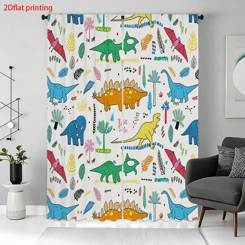 Cartoon Dinosaur Curtain 2 Panels, Colorful Dino Palm Leaf Simple Line White Base Print, Drapes for Bedroom Kids Decor Curtain