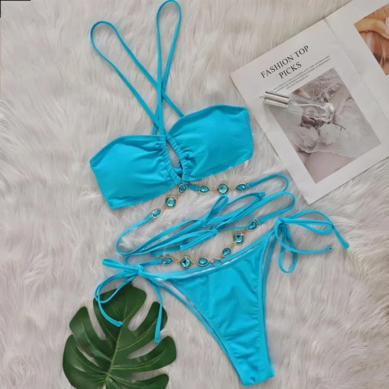 

Crystal Bikini Halter Neck Cross Strap Two-Piece Women's Swimsuit Beach Vacation Swimwear