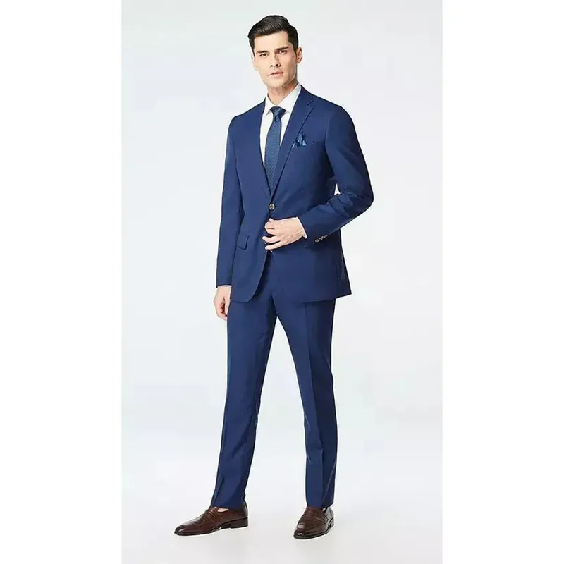 

2 Piece Elegant Men Suits Skinny Blue Blazer Single Breasted Notch Lapel Formal Business Full Set Jacket Pants Outfits Terno