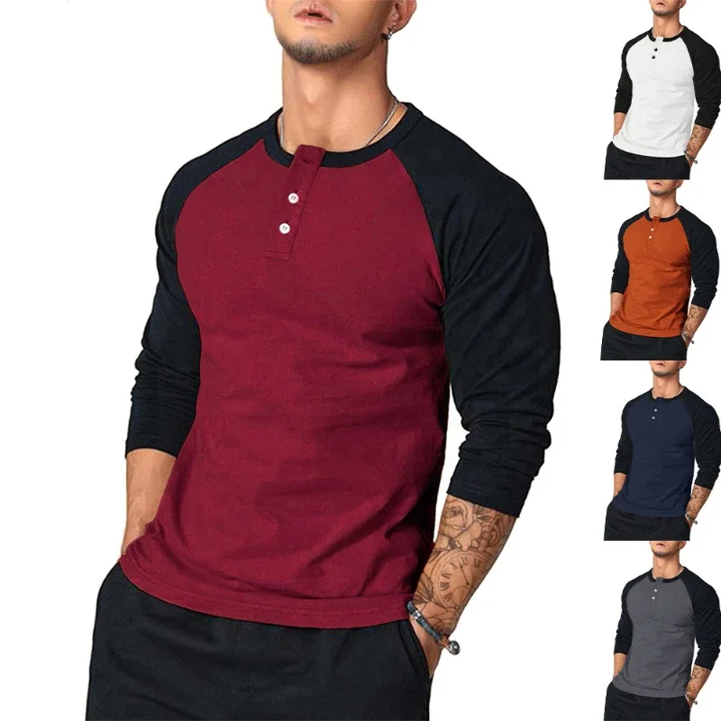 New Men\'s Casual T-shirt Men\'s Round Neck Slim Arm Color-blocked Long Sleeve T-shirt European and American Base Shirt